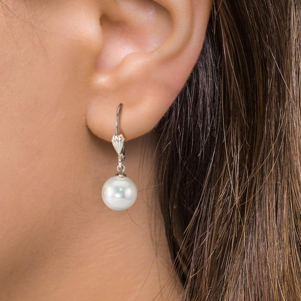 Pendant d'oreilles Antiallergique [shining Pearls] blanc, 2 Perles, 10 mm
