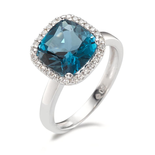 Bague Or blanc 18K Topaze London Blue, Diamant 0.14 ct, 28 Pierres, brillant, w-si