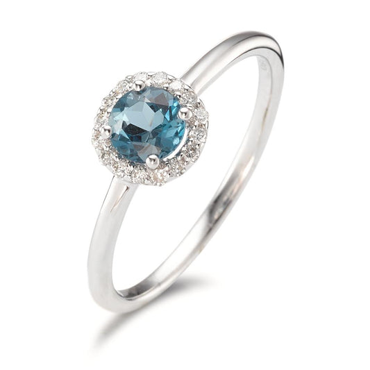 Bague Or blanc 18K Topaze London Blue, Diamant 0.11 ct, 16 Pierres, brillant, w-si