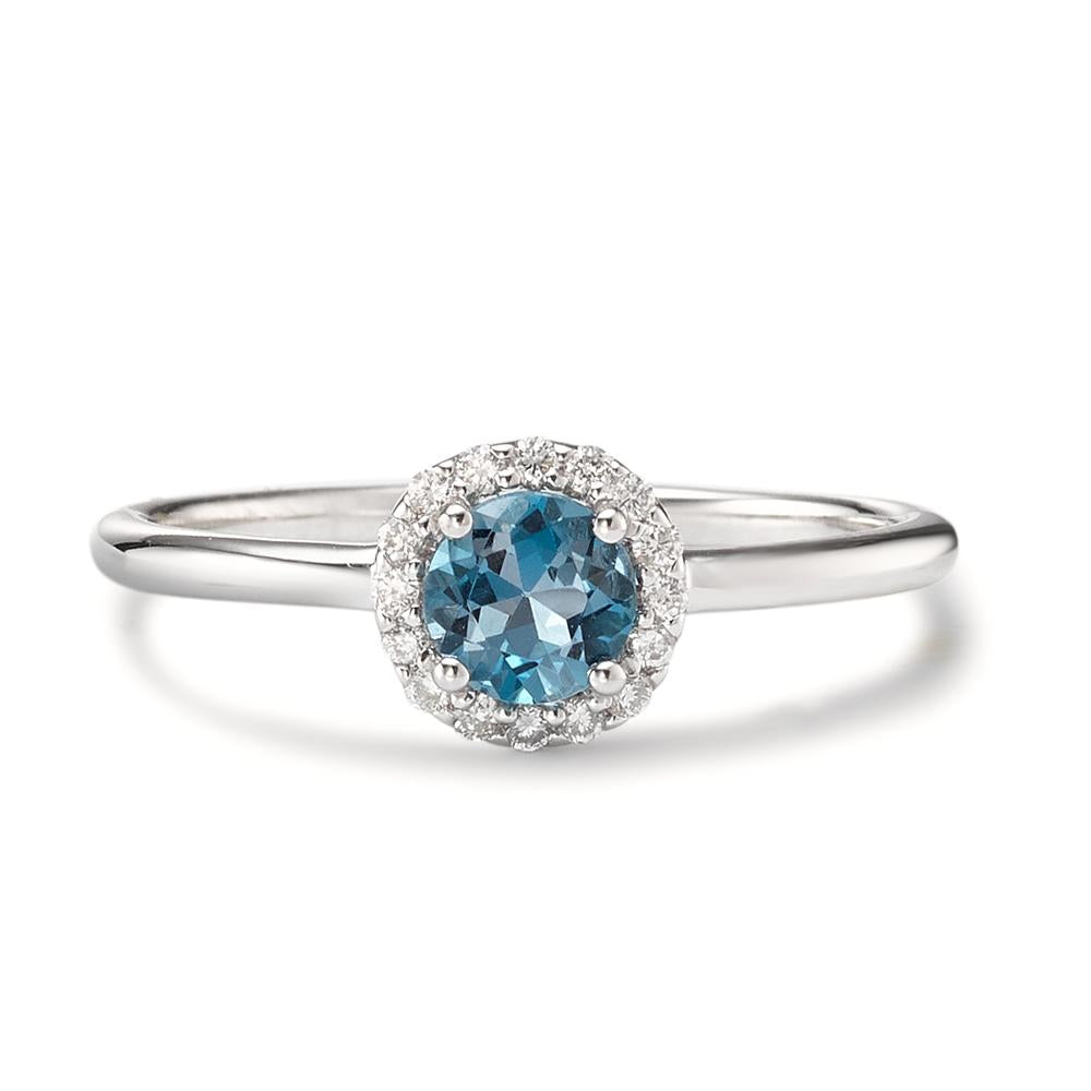 Bague Or blanc 18K Topaze London Blue, Diamant 0.11 ct, 16 Pierres, brillant, w-si