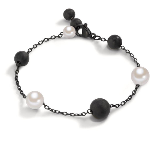 Bracelet Acier inoxydable, Aluminium noir PVD perle de culture 17-18.5 cm Ø8 mm