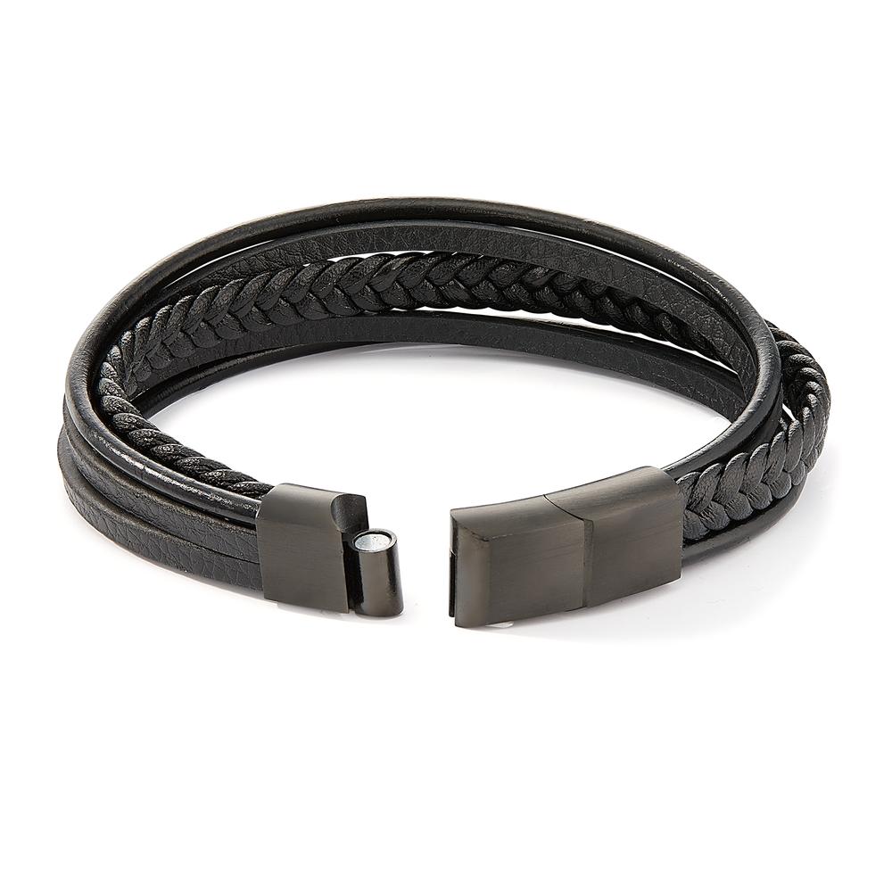 Bracelet Cuir artificiel, Acier inoxydable noir PVD 21-22 cm