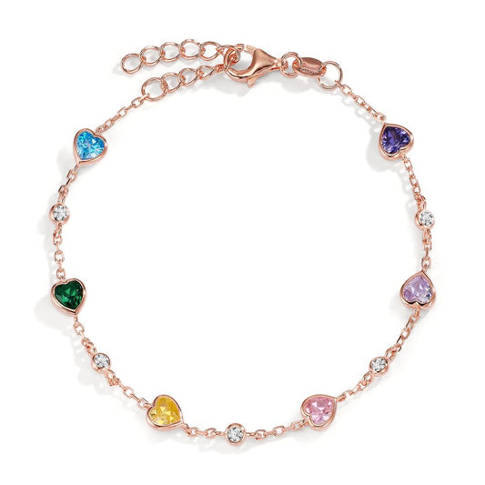 Bracelet Argent Zircone coloré, 11 Pierres rosé Plaqué or Coeur 16-19 cm