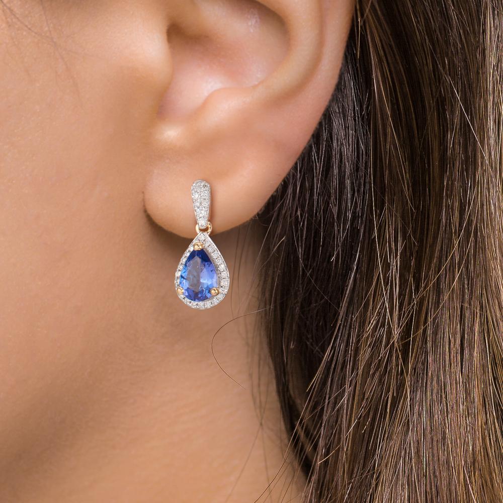 Pendant d'oreilles Or jaune 18K Tanzanite 1.16 ct, 2 Pierres, Diamant 0.21 ct, w-si