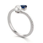 Bague Or blanc 18K Diamant 0.105 ct, w-si, Saphir perle Akoya 3.5-4 mm
