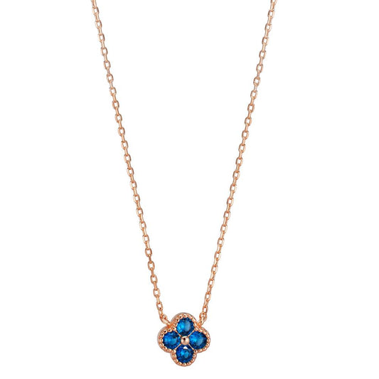 Collier Argent Zircone bleu saphir, 4 Pierres rosé Plaqué or Fleur 40-45 cm
