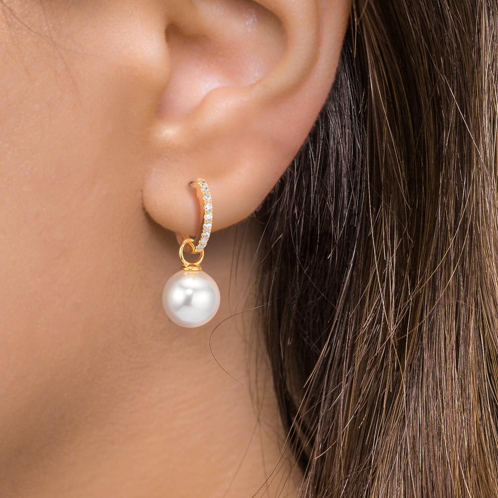 Créoles à charnières Argent Zircone 18 Pierres jaune Plaqué or [shining Pearls], 2 Perles, 10 mm
