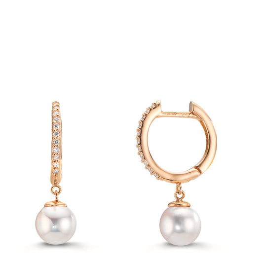 Créoles à charnières Or rouge 18K Diamant 0.09 ct, 22 Pierres, tw-si perle Akoya, 2 Perles 6-6.5 mm