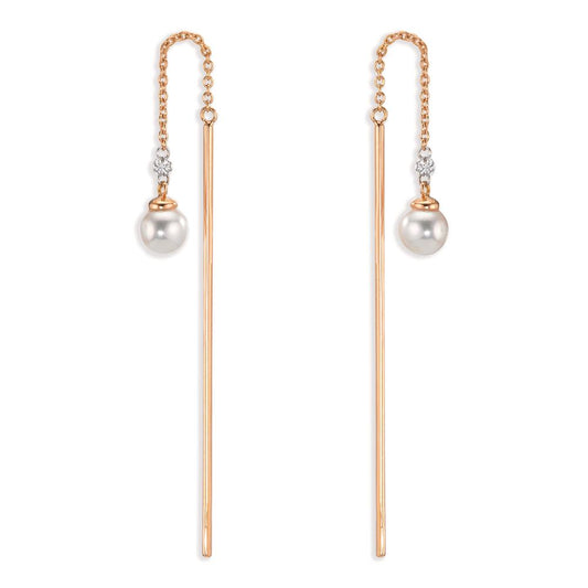 Boucles d'oreilles pendantes Or rouge 18K Diamant 0.06 ct, 3 Pierres, tw-si perle Akoya, 2 Perles, 4.5 mm