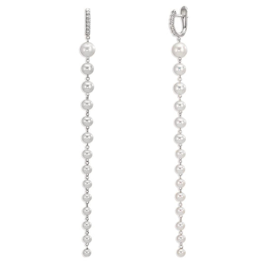 Créoles à charnières Or blanc 18K Diamant 0.12 ct, 12 Pierres, tw-si perle d'eau douce, 28 Perles