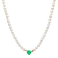 Collier Or rouge 18K Emeraude synthétique perle d'eau douce, 3.5 mm Coeur 40-44 cm