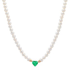 Collier Or rouge 18K Emeraude synthétique perle d'eau douce, 3.5 mm Coeur 40-44 cm