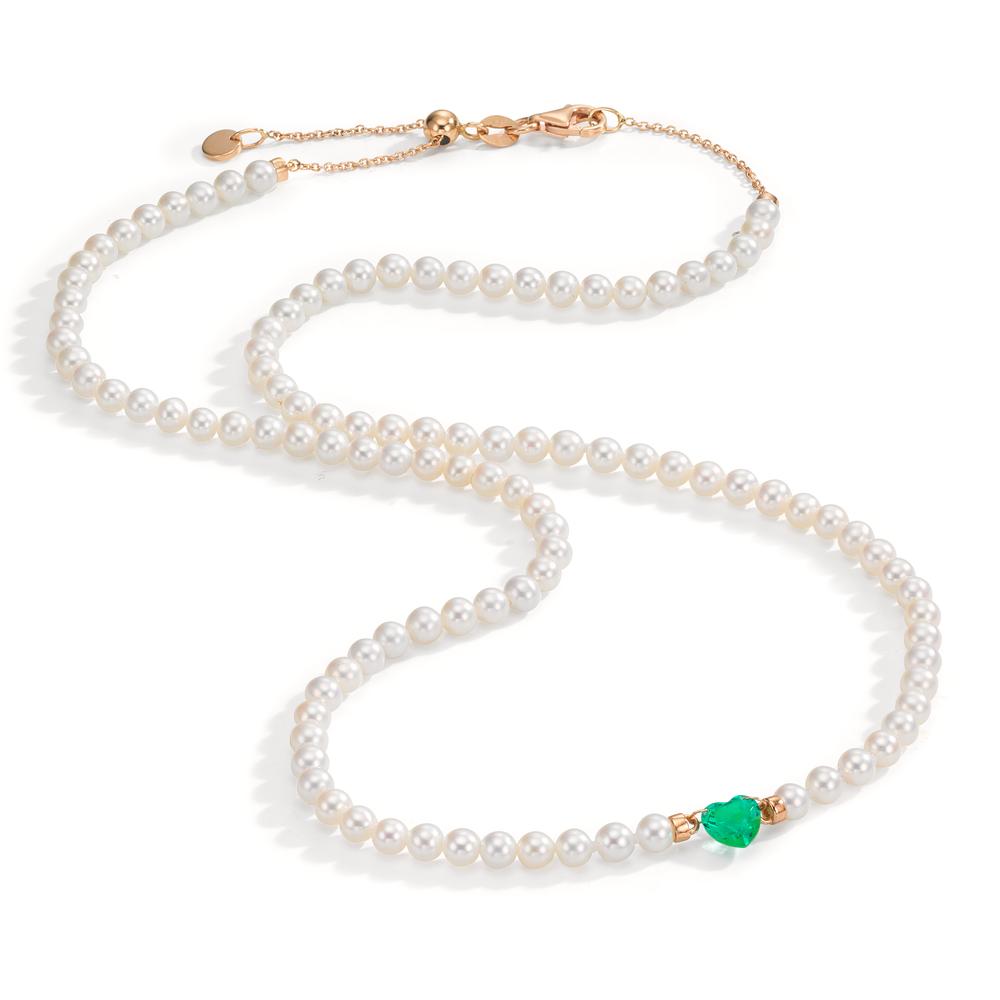 Collier Or rouge 18K Emeraude synthétique perle d'eau douce, 3.5 mm Coeur 40-44 cm
