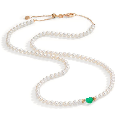 Collier Or rouge 18K Emeraude synthétique perle d'eau douce, 3.5 mm Coeur 40-44 cm