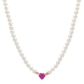Collier Or rouge 18K Rubis 0.62 ct perle d'eau douce, 3.5 mm Coeur 40-44 cm