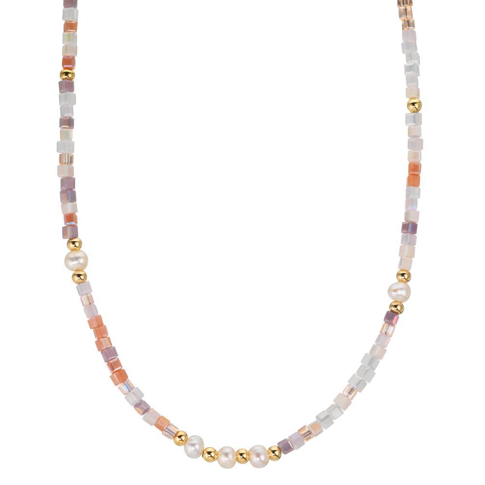 Collier Acier inoxydable Cristal rose jaune PVD perle d'eau douce, 5 Perles 4-4.5 mm 43 cm