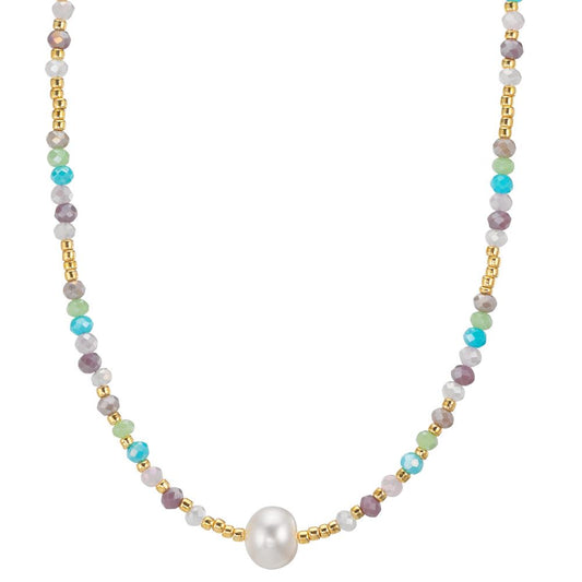 Collier Acier inoxydable Cristal multicolore jaune PVD perle d'eau douce, 8 mm 42 cm