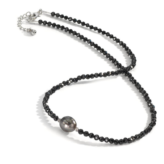 Collier Acier inoxydable Spinelle noir, 3 mm perle de Tahiti, 9.5 mm 43-47 cm