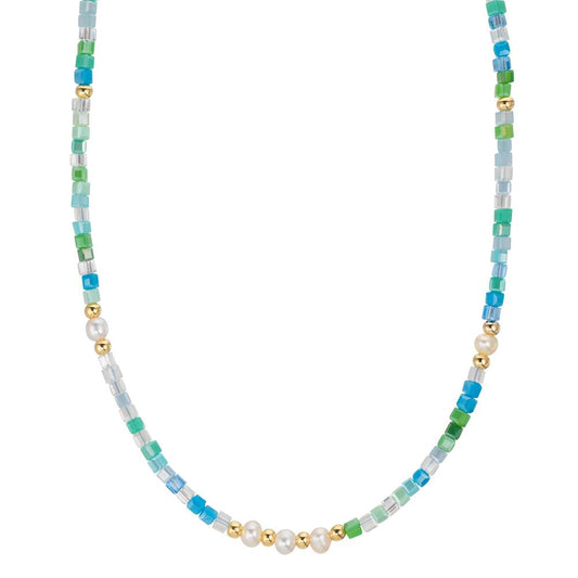 Collier Acier inoxydable Cristal jaune PVD perle d'eau douce, 5 Perles, 4.5 mm 43 cm