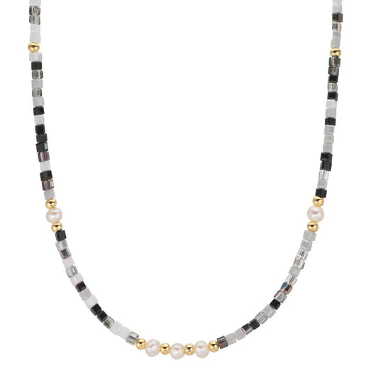 Collier Acier inoxydable Cristal jaune PVD perle d'eau douce, 5 Perles, 4.5 mm 43 cm