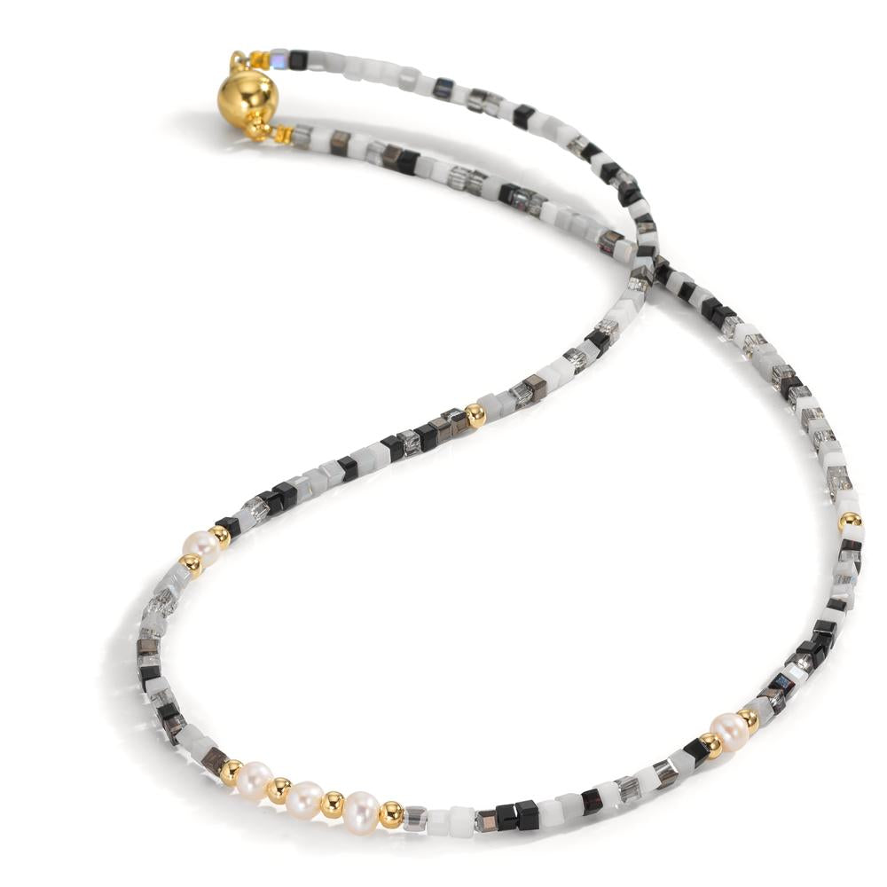 Collier Acier inoxydable Cristal jaune PVD perle d'eau douce, 5 Perles, 4.5 mm 43 cm