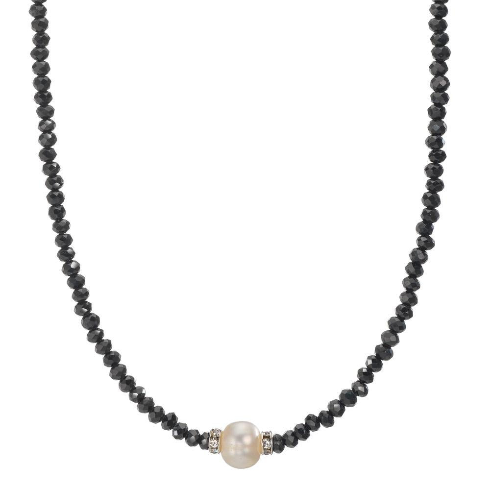 Collier Acier inoxydable Cristal noir perle d'eau douce 6.5-7 mm 43 cm