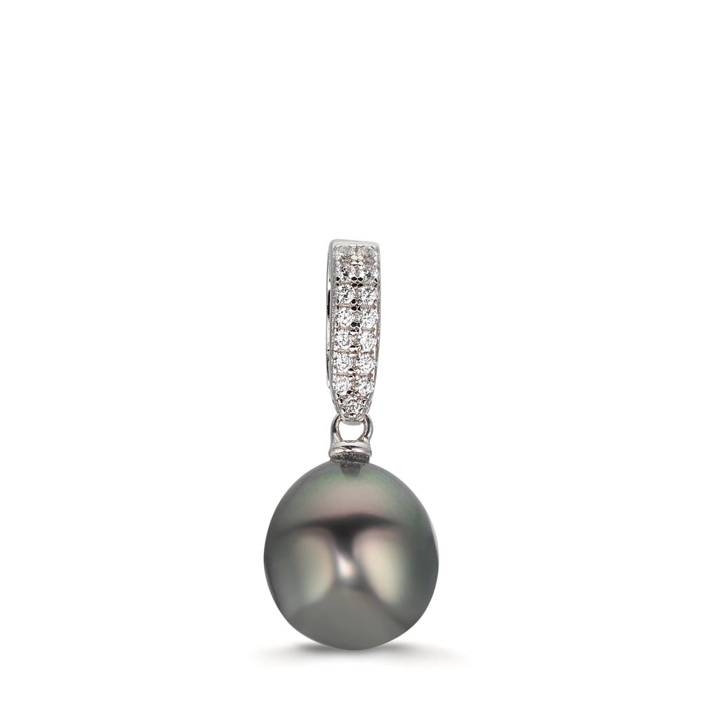 Pendentif Argent Zircone 20 Pierres Rhodié perle de Tahiti 10-11 mm