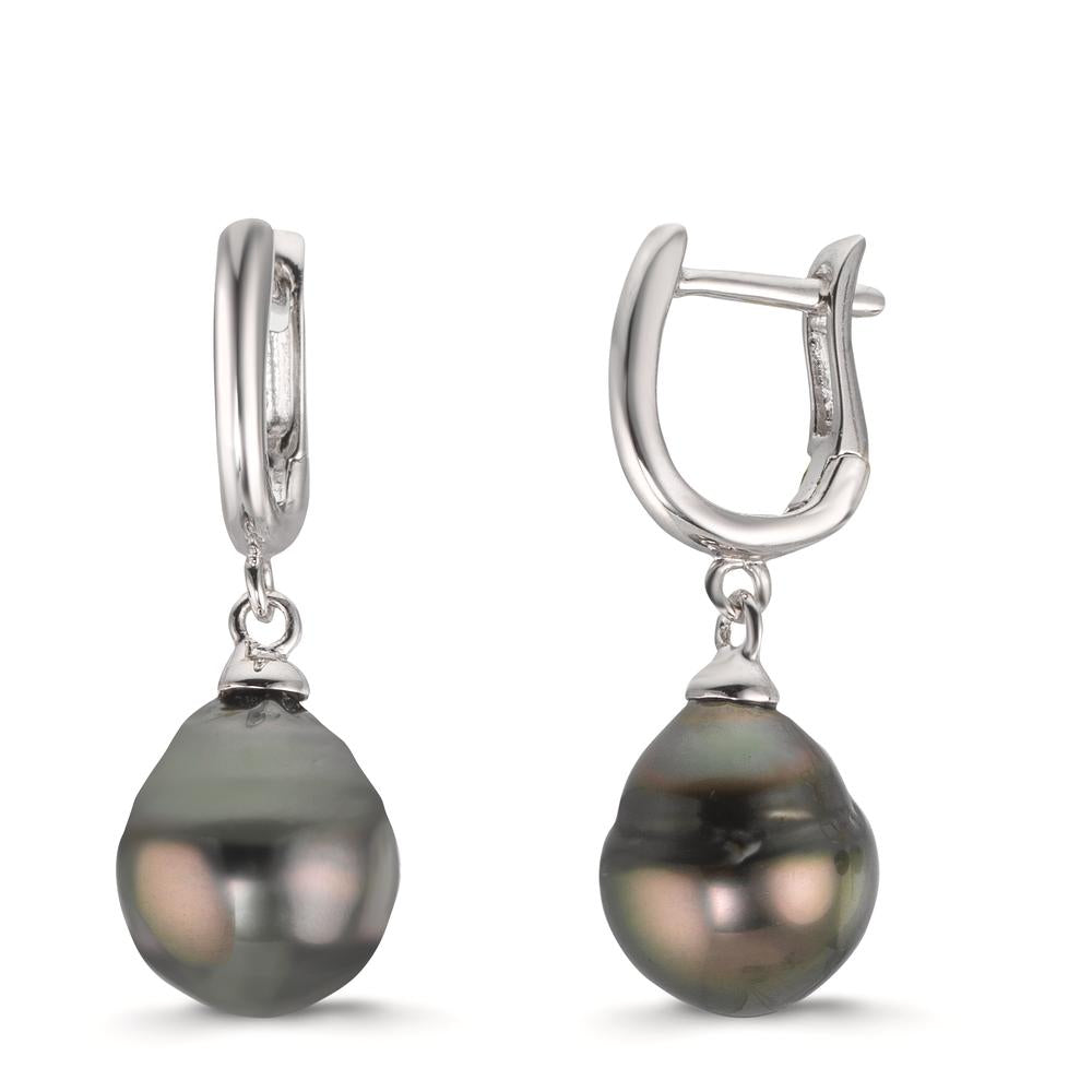Créoles à charnières Argent Rhodié perle de Tahiti, 2 Perles 9-10 mm
