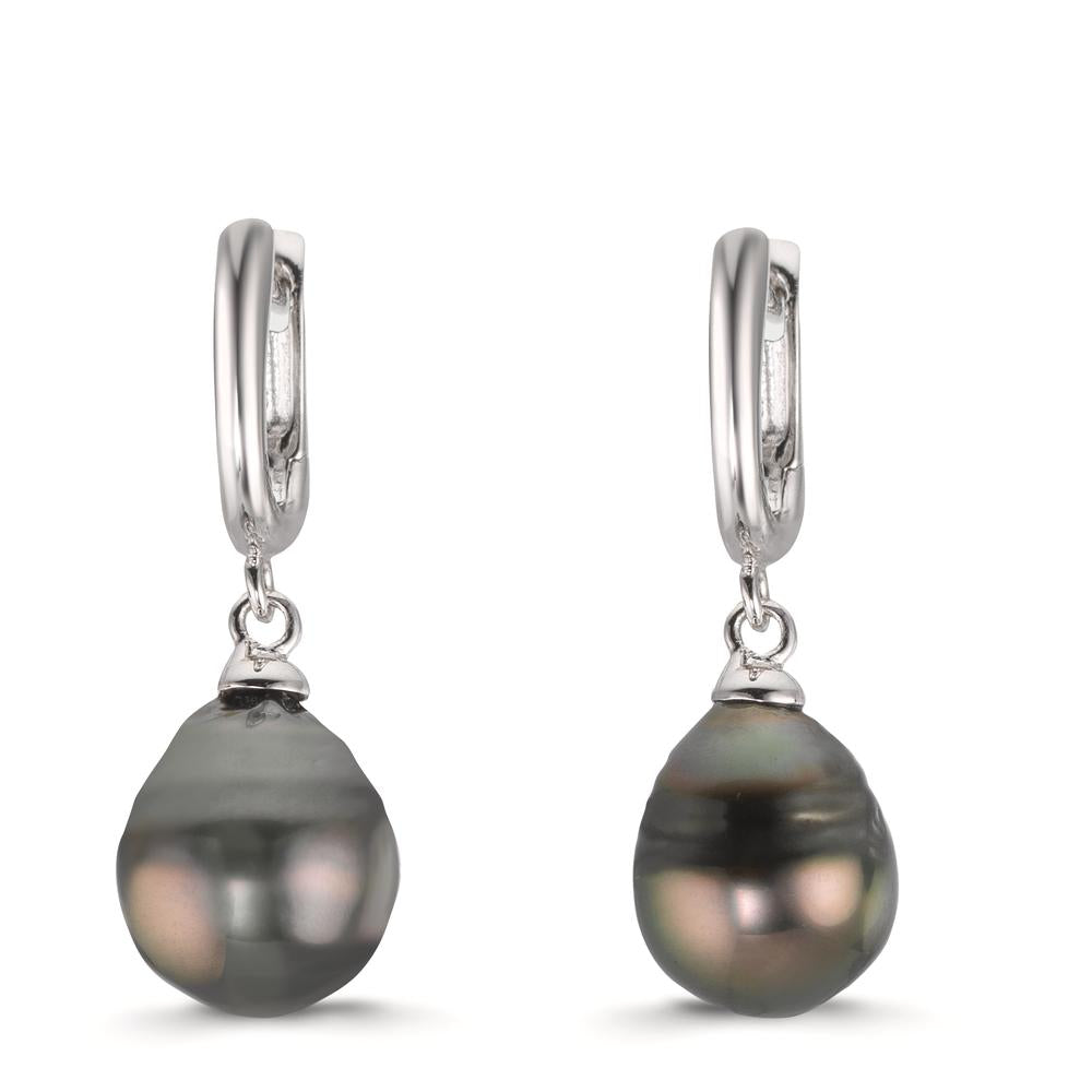 Créoles à charnières Argent Rhodié perle de Tahiti, 2 Perles 9-10 mm