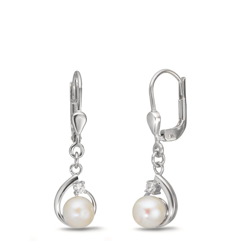 Pendant d'oreilles Argent Zircone 2 Pierres Rhodié perle d'eau douce, 2 Perles, 5.5 mm
