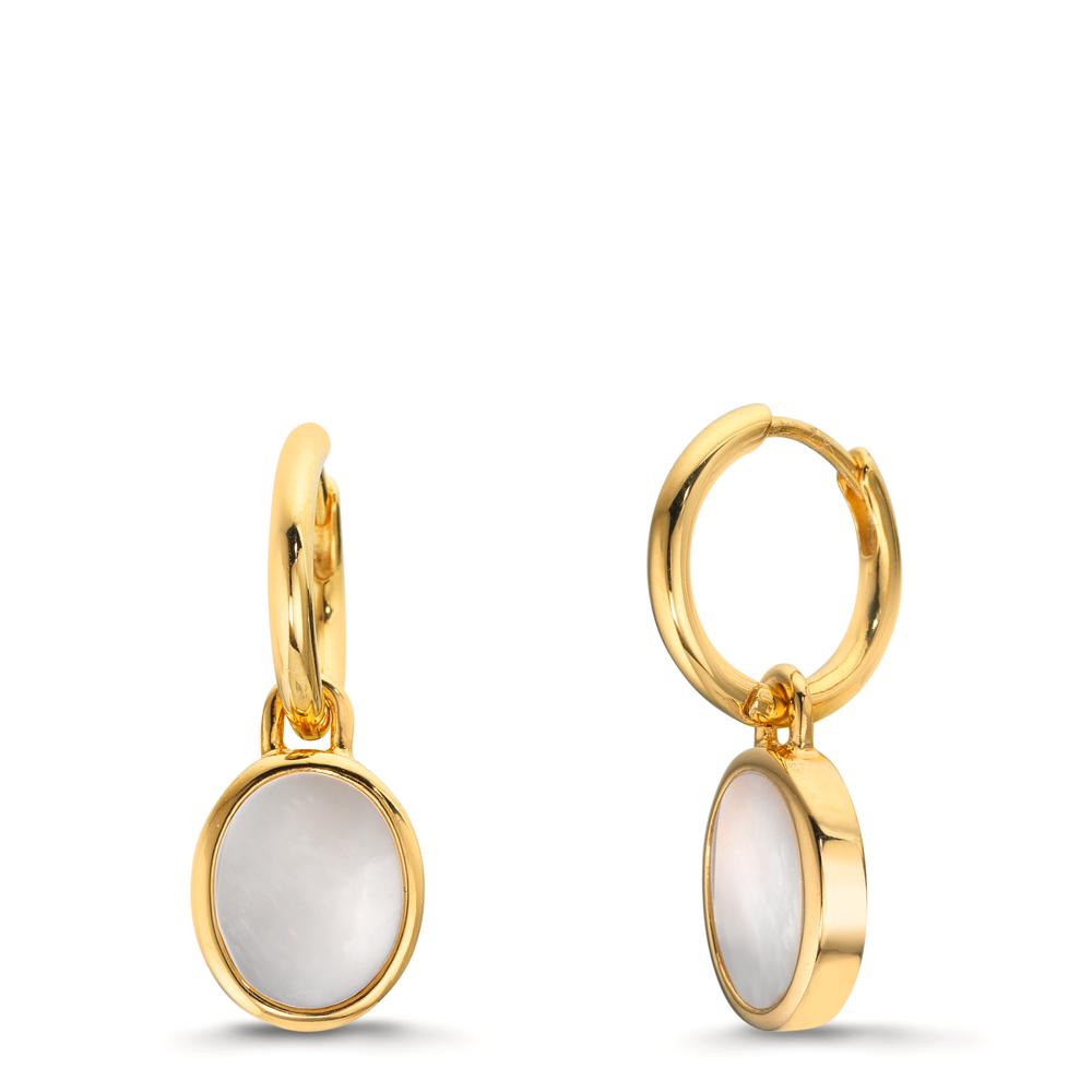Créoles avec pendentif Argent jaune Plaqué or nacre blanc, 2 Perles 9-9.5 mm Ø14 mm
