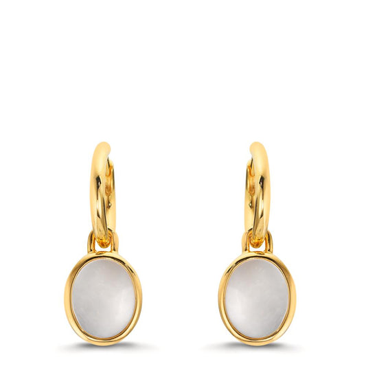 Créoles avec pendentif Argent jaune Plaqué or nacre blanc, 2 Perles 9-9.5 mm Ø14 mm