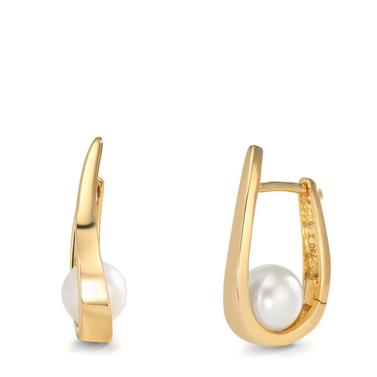 Créoles à charnières Or jaune 18K perle d'eau douce, 2 Perles 6-6.5 mm