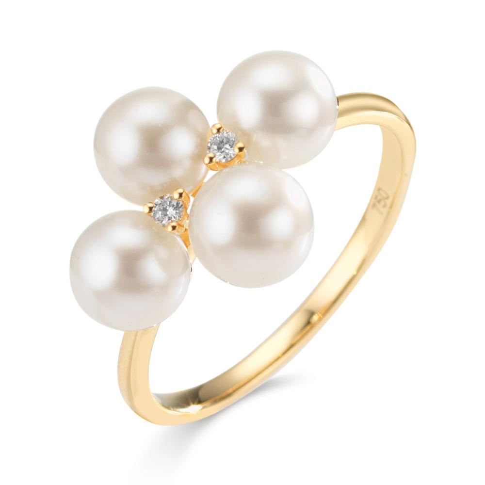 Bague Or jaune 18K Diamant 0.30 ct, 2 Pierres, w-si perle d'eau douce, 4 Perles 5.5-6 mm