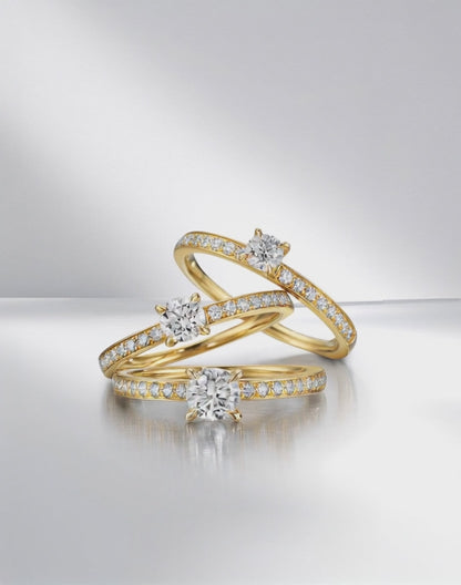 Bague solitaire Or jaune 18K Diamant blanc, 0.30 ct, brillant, w-si, Diamant blanc, 0.20 ct, 18 Pierres, brillant, w-si